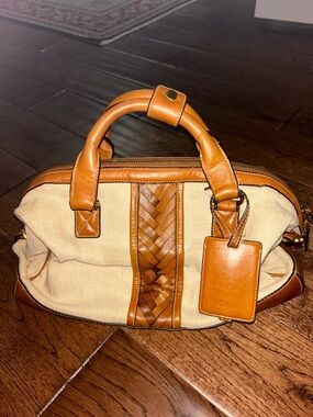 Cole Haan Cream Canvas and Tan Leather Braided Trim Duffel